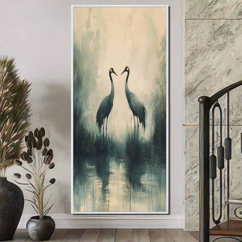 Kolton Cranes In The Misty Marsh III - Heron, art mural, H 60 po x l 28 po, Impression encadrée flottante, Blanc