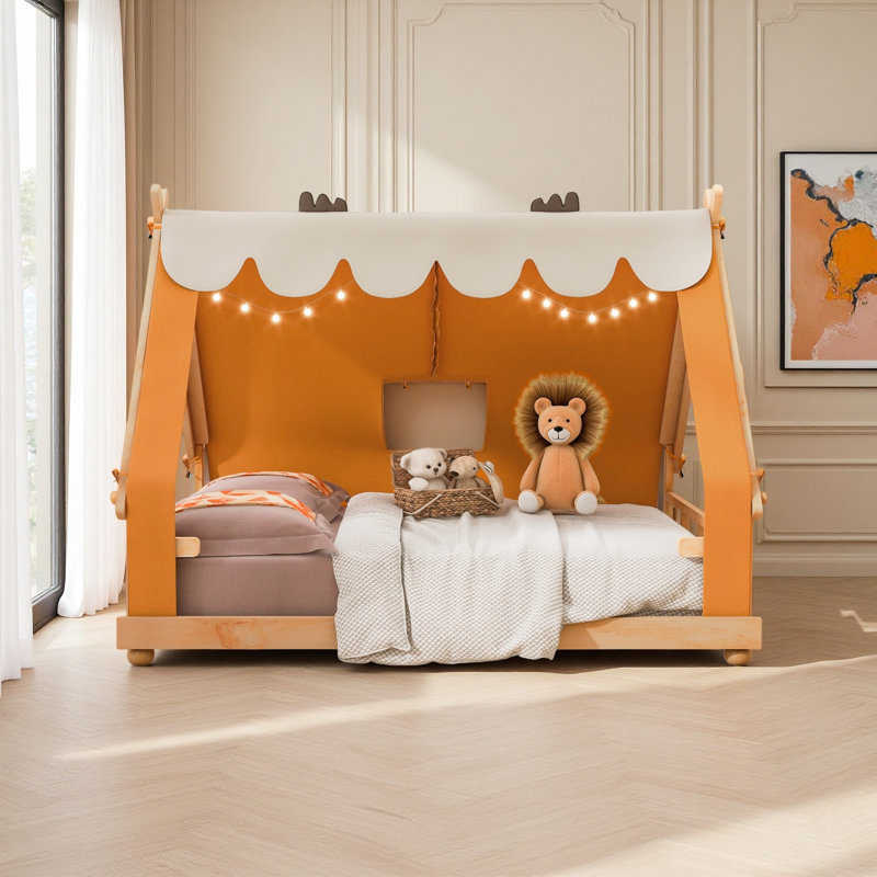 Lit maison avec tente et lumière, Lit double, Brun