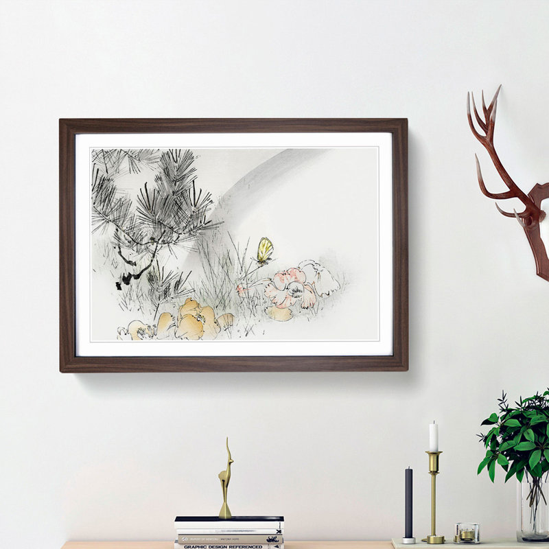 Butterfly & Pine Tree by Watanabe Seitei - Picture Frame Art Print, Walnut Framed, 27cm H x 36cm W x 2cm D