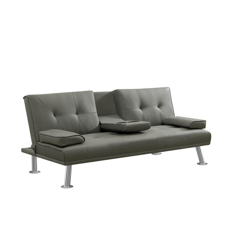 Loveseat Sofa Bed with Cup Holders,Convertible Folding Sleeper Couch Bed, Faux Leather Gray