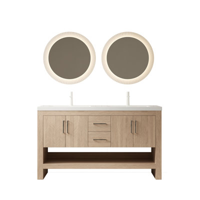 Meuble-lavabo de 60 po avec éviers Lucci, armoire de rangement autoportante en contreplaqué avec 2 tiroirs, 4 portes et une tablette ouverte, lavabo intégré en acrylique sans robinet, grain de bois de chêne clair