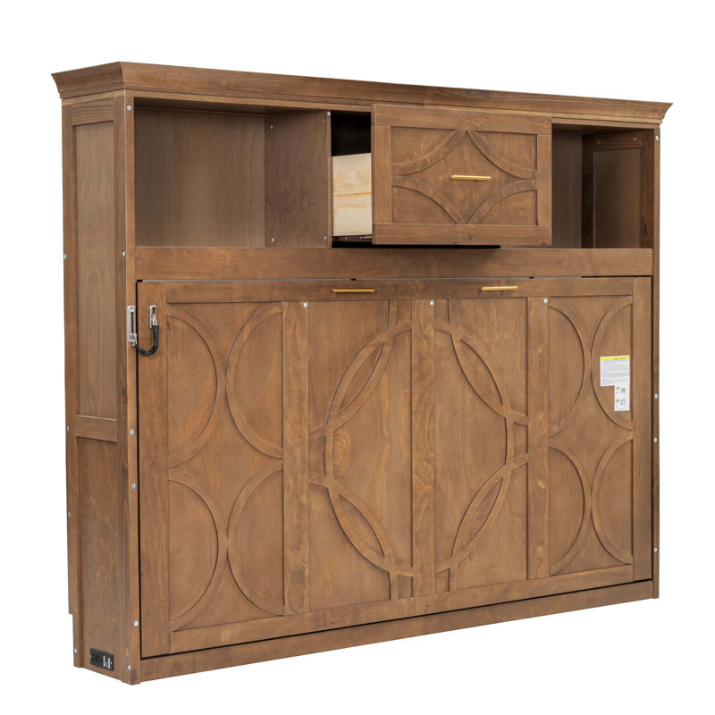 Lit escamotable simple avec station de charge et tiroir, Bois
