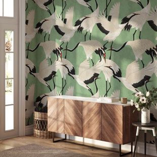 Green Herons Chinoiserie Wallpaper White