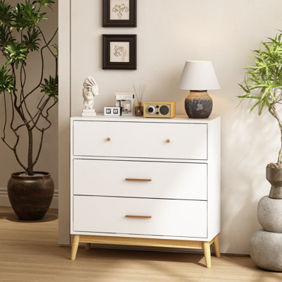 3-Drawer Storage Cabinet, Modern White Chest Of Drawers With Rose Gold Handles & Solid Wood Base, Small Space Organizer For Office, Kids Room, Nursery