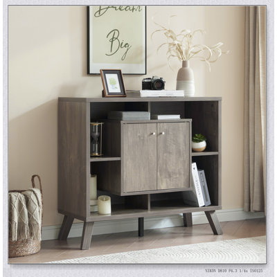 Compact Display Storage Sideboard With Two Doors, Four Open Shelves, Metal Knobs, And Flared Legs For Modern Living