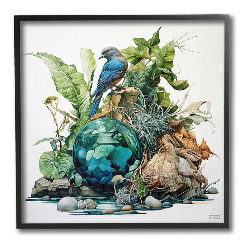 Oiseau avec forêt, art de la giclée encadrée par RB, Giclée encadrée noir minuit, H 12 po x l 12 po