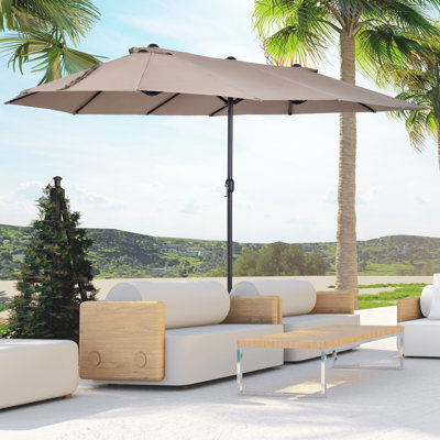 Très grand parasol d'extérieur à double face avec poignée à manivelle et bouches d'aération pour patio, terrasse, piscine, marché, brun clair sans base