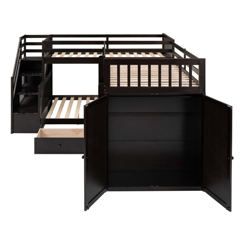Lit superposé simple en L avec 3 tiroirs, bureau portable et garde-robe, Espresso