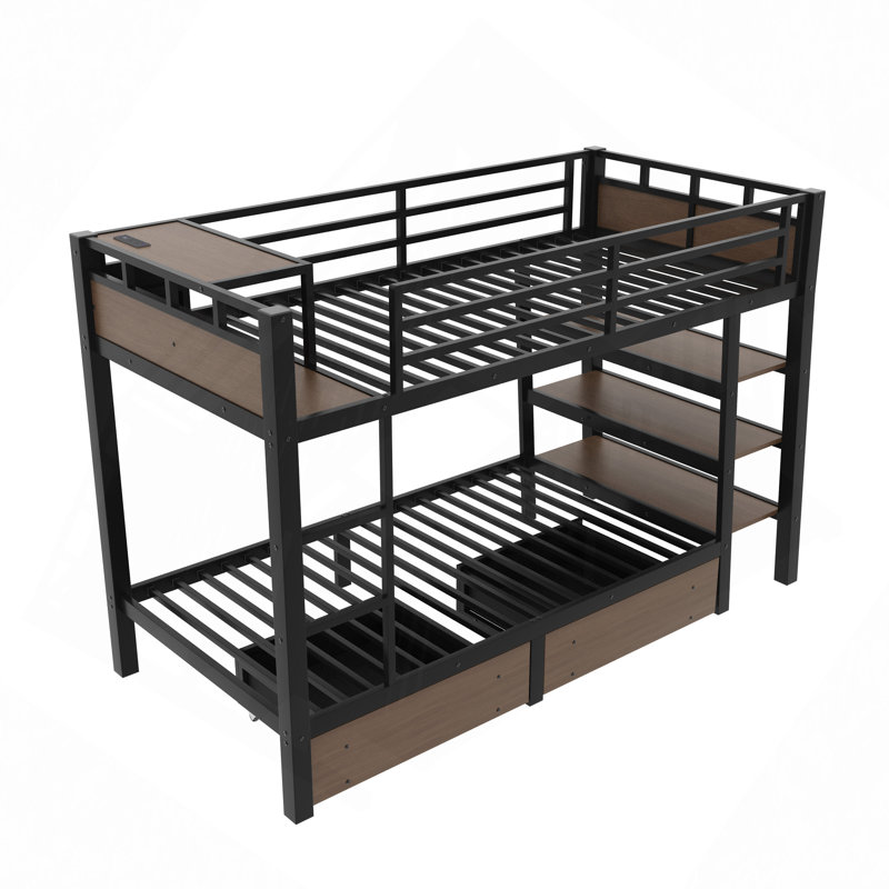 Metal Bunk Bed With Storage Shelves, LED Light Strip, And USB Power Strip, Twin