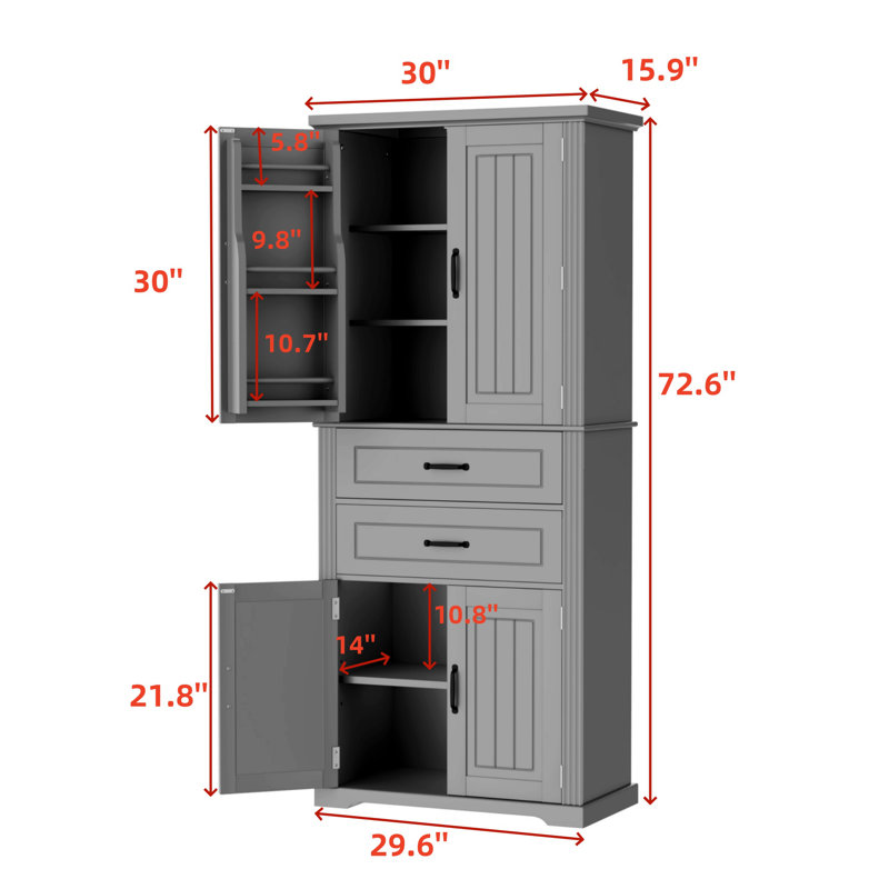 Armoire de rangement autoportante 72,6 po avec 2 tiroirs, 2 armoires et 6 tablettes derrière la porte, Blanc