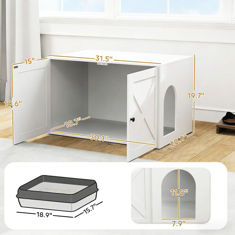 Bac à litière polyvalent qui sert de table d'appoint, blanc, L 31,5 po x l 20,9 po H 19,7 po, minimise l'enclos d'odeurs avec une conception contemporaine et fonctionnelle, surface supérieure pour organiser des articles