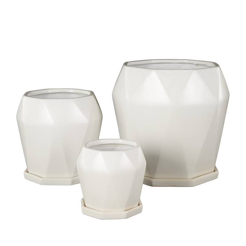 Cole And Grey 3 Piece Ceramic Patterned Planter With Attached Saucer Set