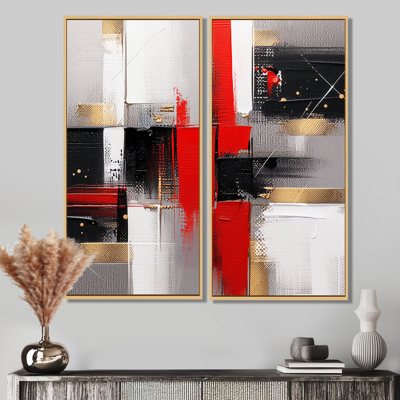 «I» - Cubisme rouge et doré, H 20 po x l 24 po, Impression encadrée flottante sans passe-partout, Crème, crème