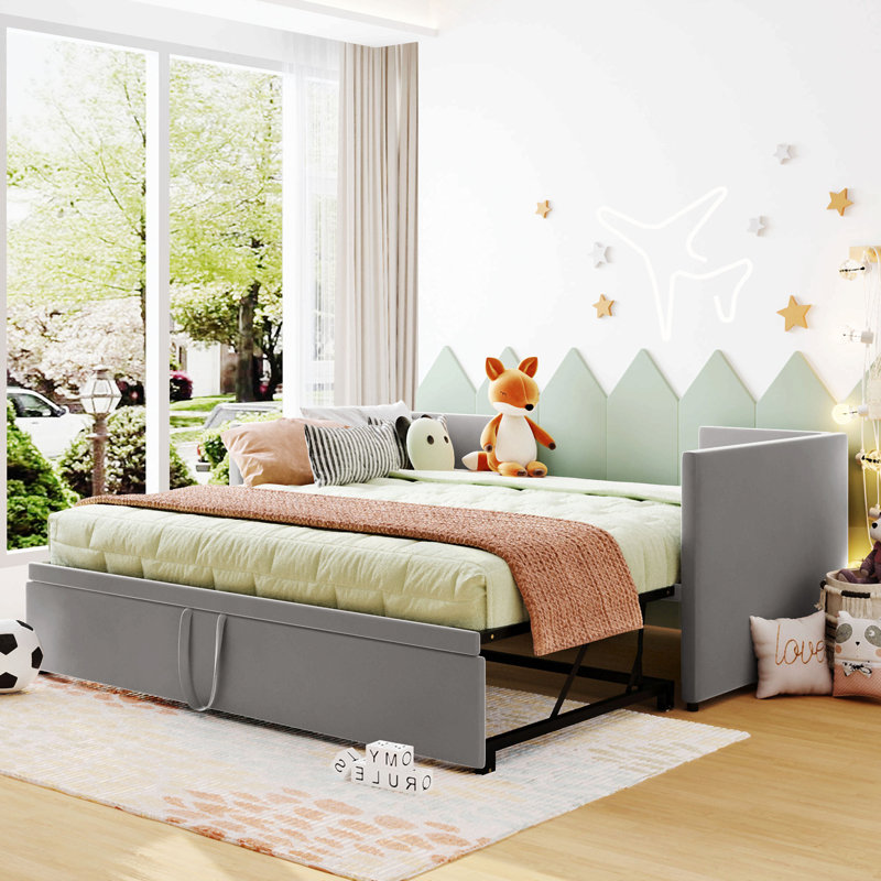 Lit de jour simple tapissier avec couchette escamotable, beige, Gris