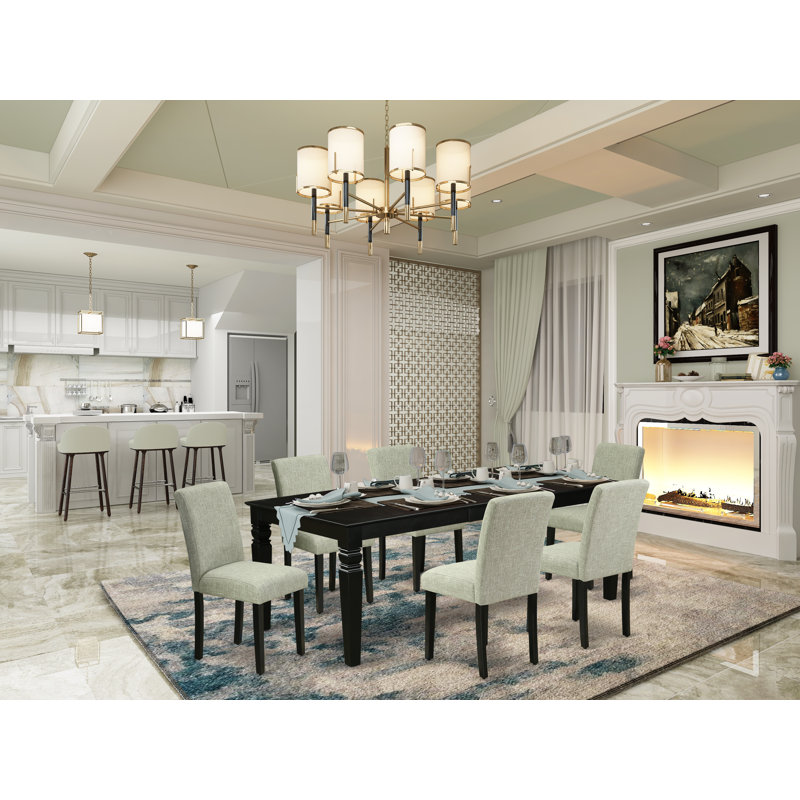 7 Piece Dining Room Table Set consists of a rectangular wooden table with Butterfly Leaf and 6 Shitake Linen Fabric Upholstered Chairs, Black