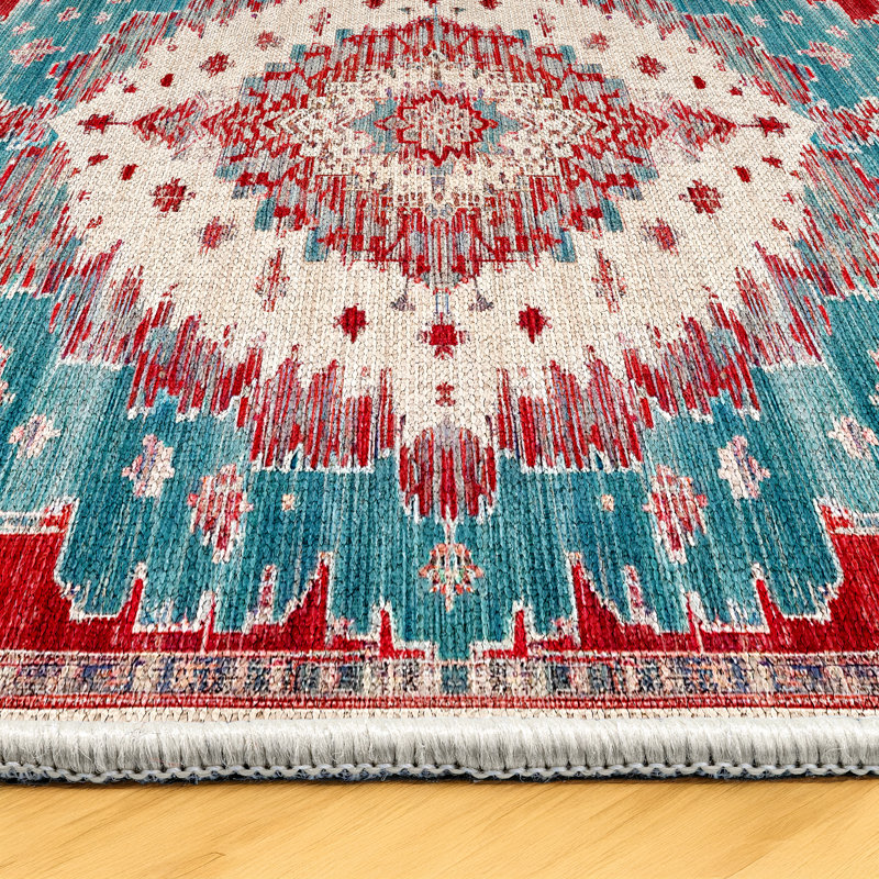 Gulustan Blue Red Oriental Machine Printed Cotton Polyester Area Rug, Rectangle 6'7" x 9'11"