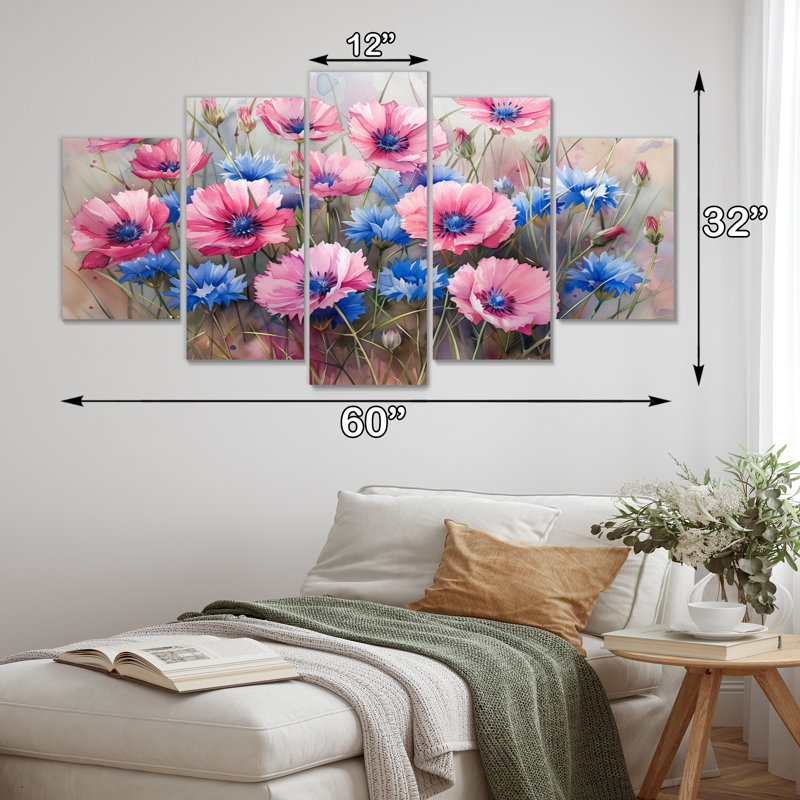 Rose, bleu, bleuet délicat, pétales de bleuet I, ensemble d'art mural