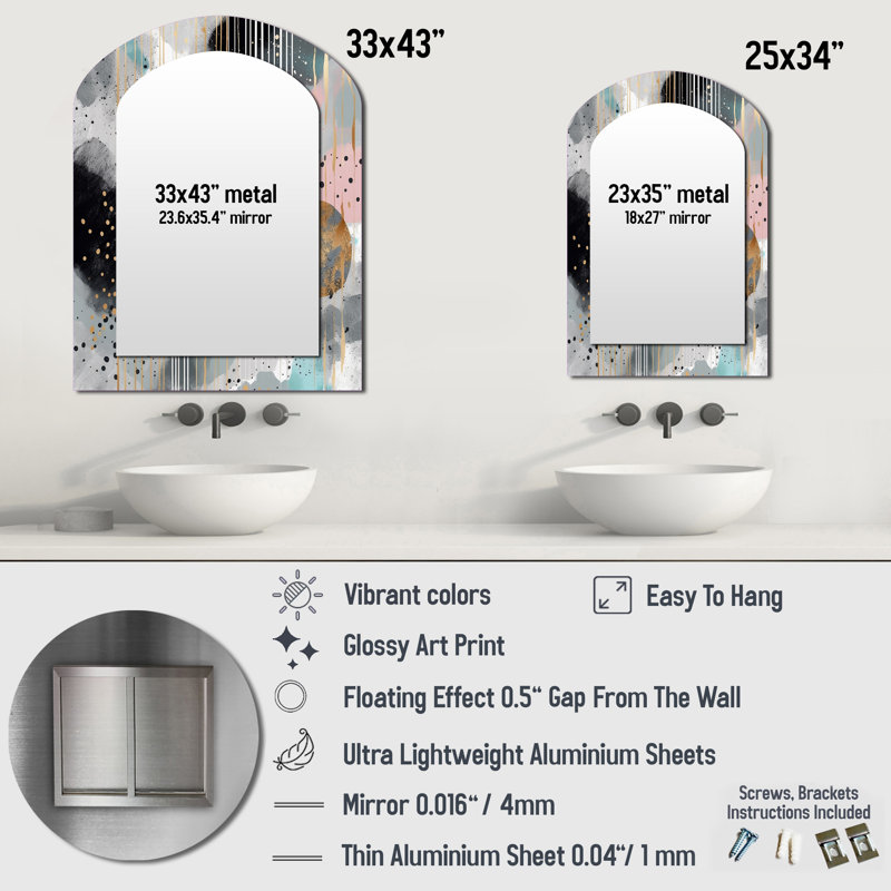 Grey and gold pastel Stripes Melody I - Shapes Arch Unique Wall Mirror, Modern Asymmetrical Mirror, Printed Metal Art