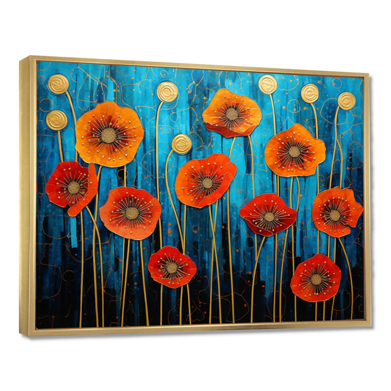 Red Poppies Magical Night - impression d'art mural coquelicot, Cadre flottant doré, bois massif, H 34 po x l 44 po