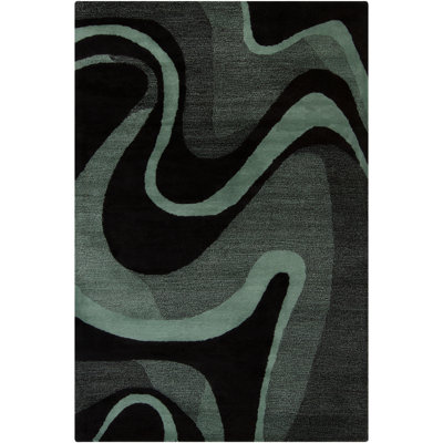 Amandah Authentic Hand-Tufted Handmade Sage Green Abstract Design on Black Wool Modern & Contemporary Area Rug