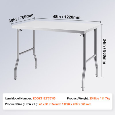 Folding Commercial Prep Table, 48 x 30 Inch Commercial Worktable Workstation, Heavy-duty Stainless Steel Folding Table with 300 lbs Load, Kitchen Work Table