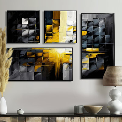 Abstrait géométrique noir et jaune IV - Art mural abstrait géométrique 4 pièces