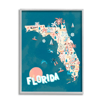 «Florida Sunny State Retro Holiday Holiday Vivid Map Super Surdimensionné», art mural sur toile par Ziwei Li