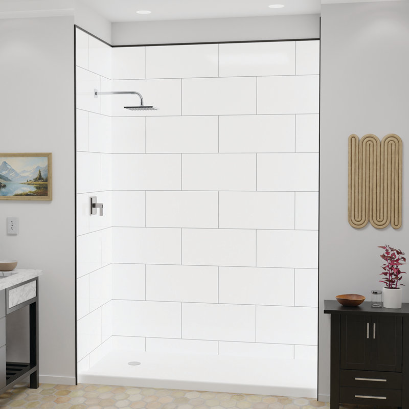 Flexstone Flexstyle 60"W X 36"D X 80"H White/Gray Block Shower Wall Surround With Trim (3-Piece), Matte Black