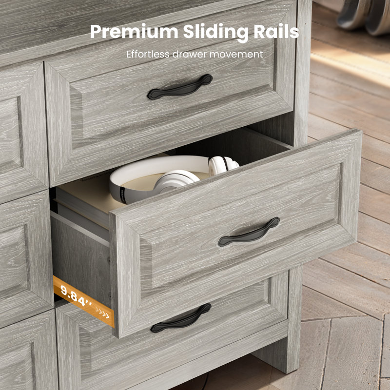 6 Drawer Dresser, 47" Wide Wood Chest of Drawers with Bar Handles for Bedroom, Living Room, Hallway, Gray