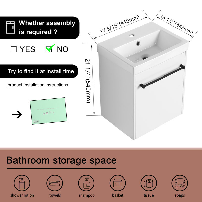 18'' Single Bathroom Vanity with Ceramic Top, Glossy White