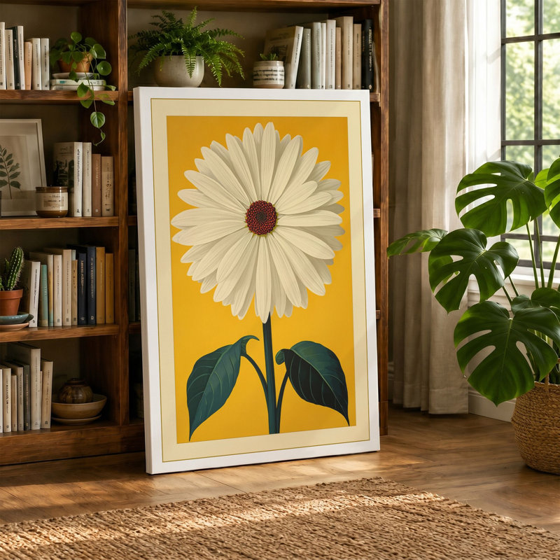 Golden Daisy Botanical 1 Piece Wrapped Canvas Wall Art, 18x12 - 45.7 x 30.5 cm, Taupe Border