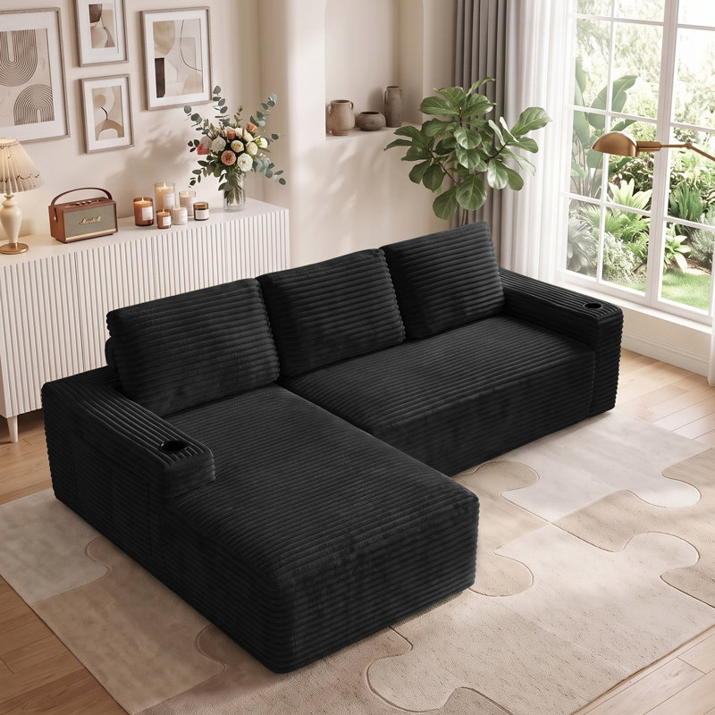 Boneless 104''W Cloud Modern Modular L-Shaped Sofa , Compressed Corduroy Upholstered Boneless Sofa Couches With Chaise And Cup Holder