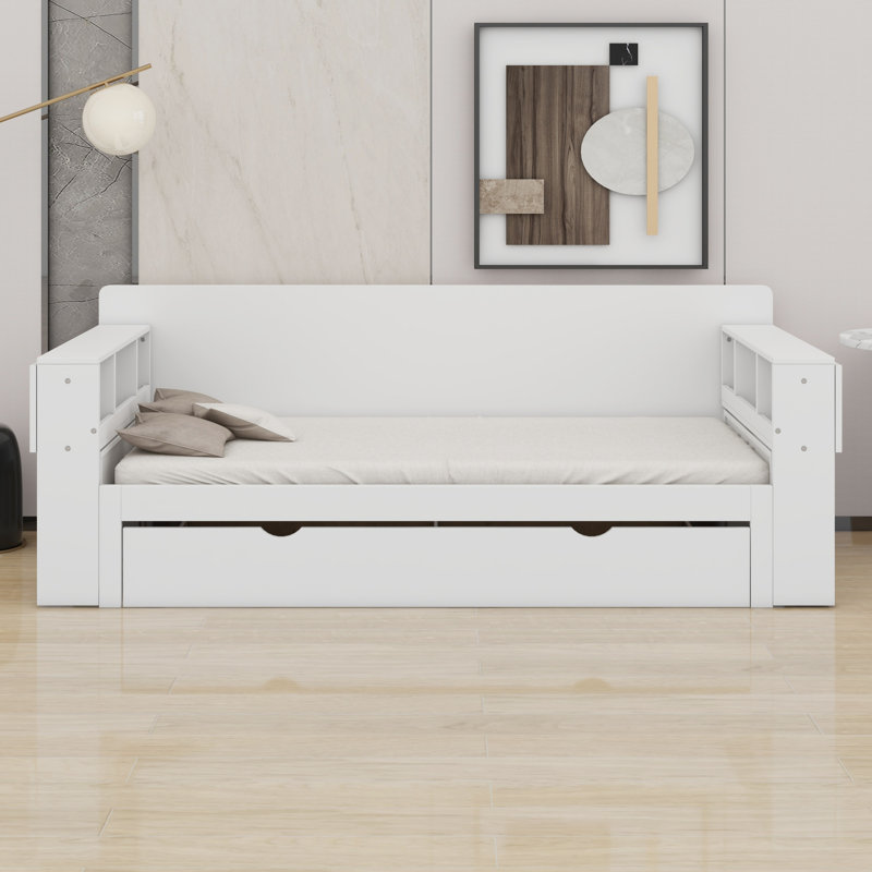 Daybed With Removable Desk, Storage Drawers & Hydraulic Side Table, White, Queen