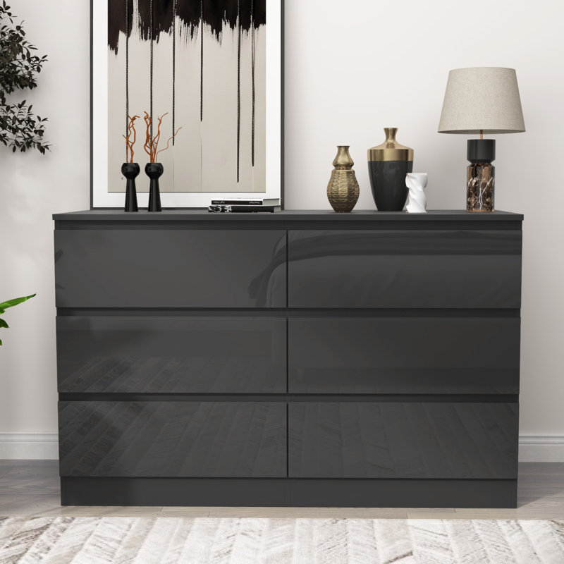 Commode à 6 tiroirs l 47,2 po, Noir, noir, noir, noir