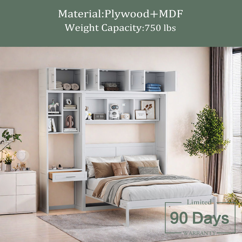 Lit escamotable mural avec bureau, armoire supérieure et tablettes de rangement, lit pliable peu encombrant, Blanc, Grand
