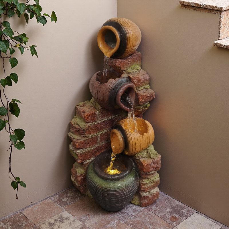 Tiered Pot Waterfall Fountain With Led Light – Rustic Ambience For Home & Entryway