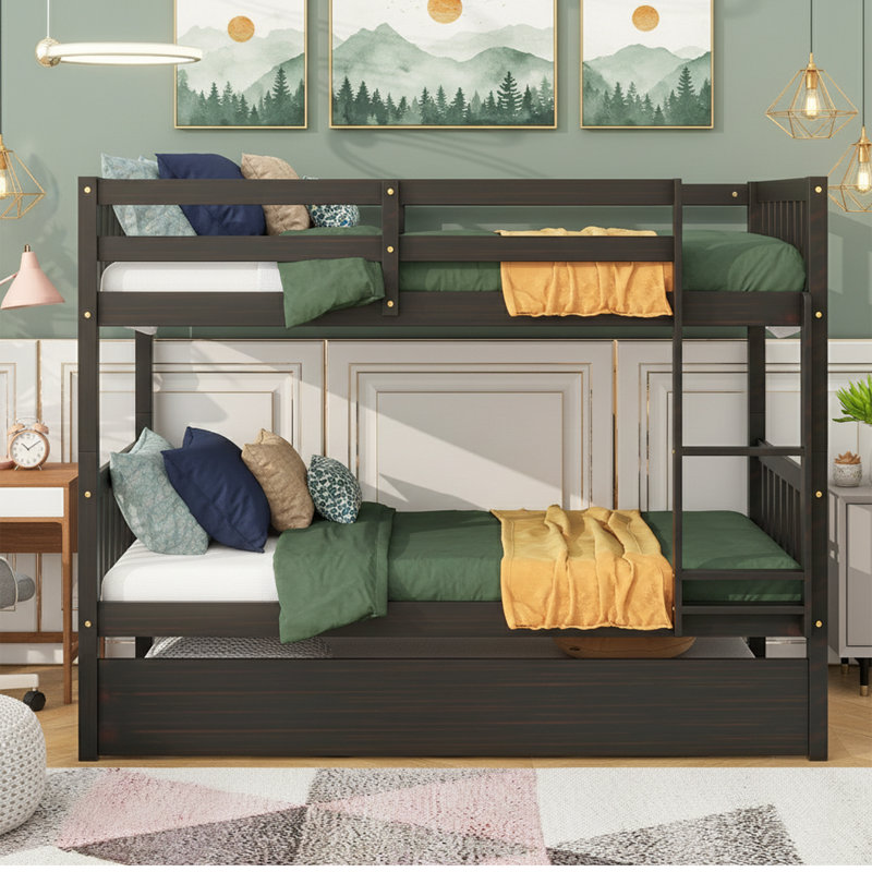 Lit superposé en bois d'hévéa massif de 77 po avec lit gigogne convertible en 2 lits séparés, Espresso
