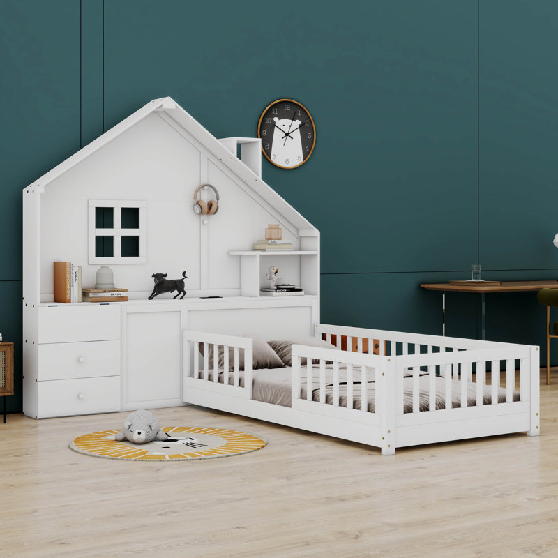 Helis House Bed with Window and Bedside Drawers, White, Twin
