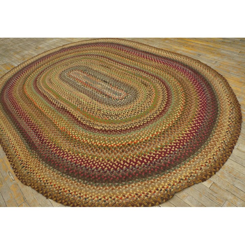 1940s Multicolor Modernist Antique American Braided Rug 7'6"x10'8" Wool Carpet