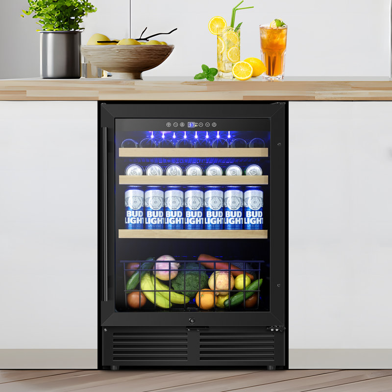 24" Beverage Refrigerator 210 Cans Beverage Cooler Reversible Door Recessed Black Beer Fridge With 1 Basket