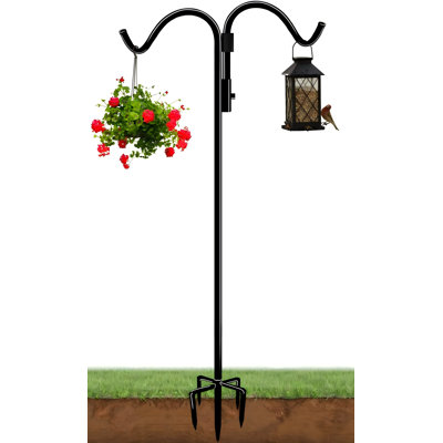 Crochet double berger 92 pouces pour l'extérieur avec base à 5 broches, poteau ajustable robuste pour panier à fleurs suspendu, support à plante, lanternes à lumière solaire, noir