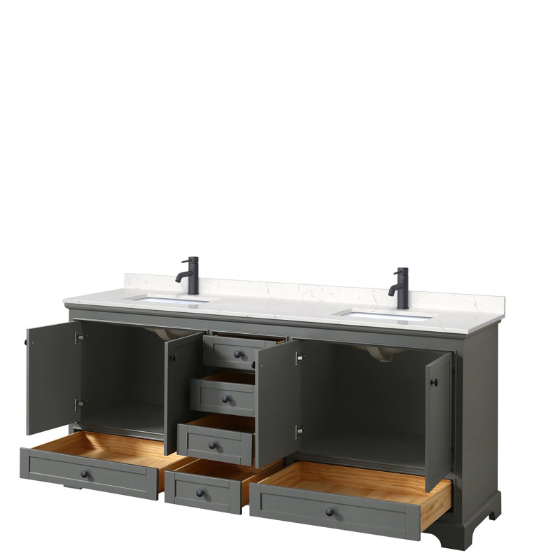 Deborah 80'' Double Bathroom Vanity with Marble Top, Carrara Cultured Marble, Dark Gray, Polished Chrome