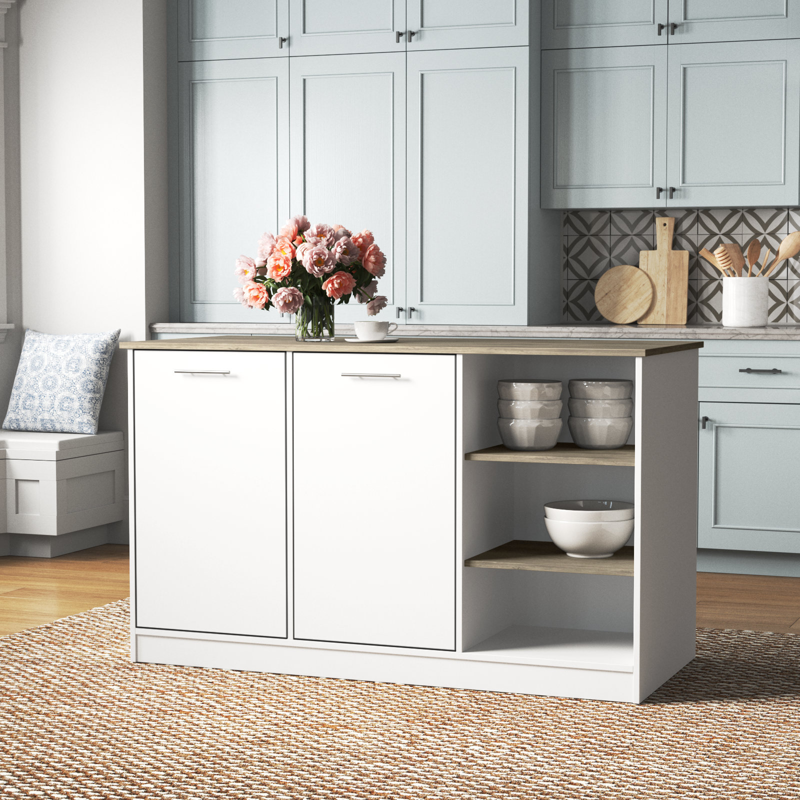 Freeport Park® Ginger 59inch Wide Kitchen Island with 3 Open Shelves