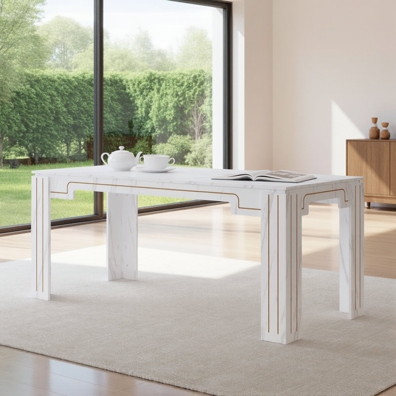 Cette table de salle à manger en MDF à grain de marbre blanc avec pieds rainurés peut accueillir de six à huit personnes pour la salle à manger et le salon
