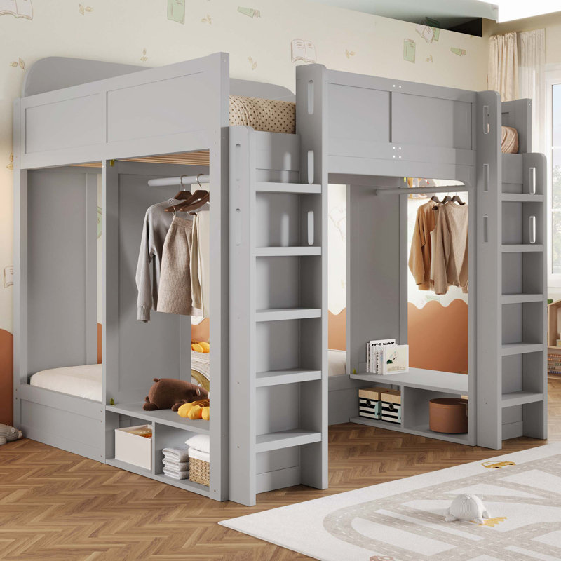 Triple Bunk Bed With Storage Shelves And Hooks, Twin +Twin Over Twin Xl, Gray
