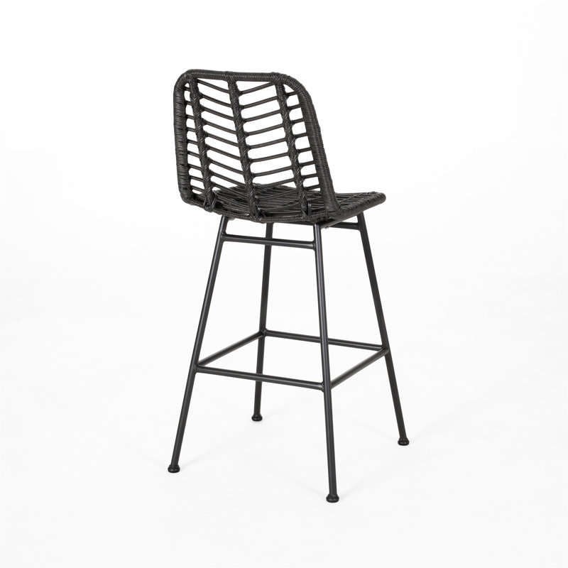 Gray and Black Wicker Outdoor Barstools with Iron Frame, Set of 2
