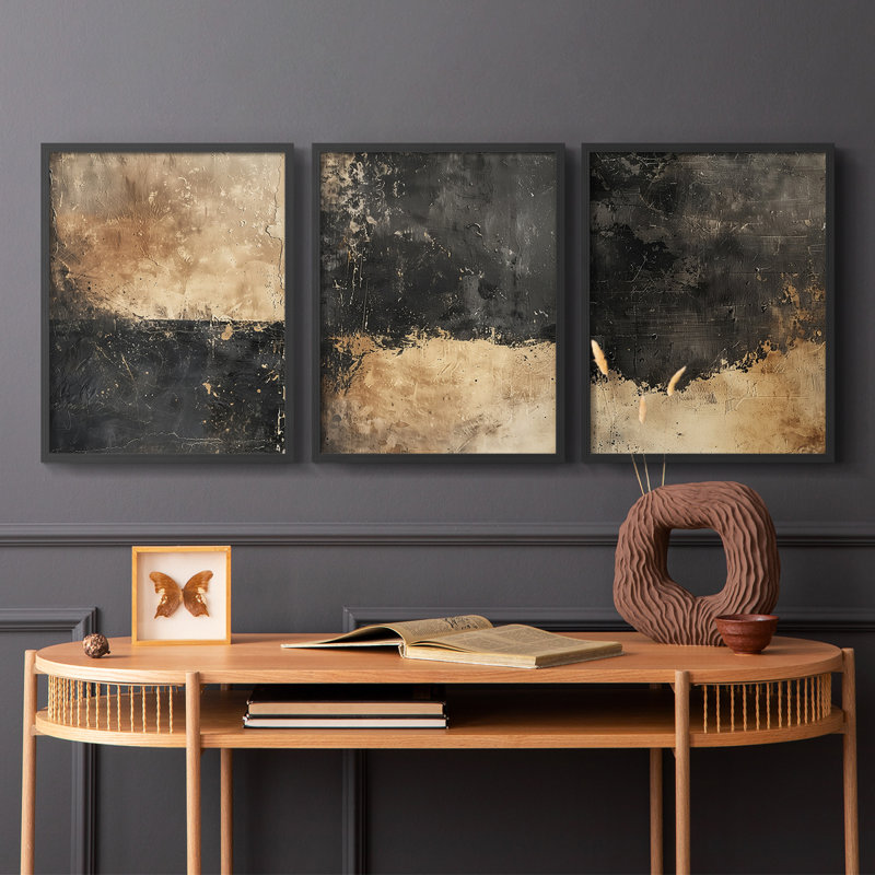 Abstract  Series  CXIV  -Set Of 3 Framed Giclee Prints -Ready to Hang, Cadre noir, H 28 po x l 22 po