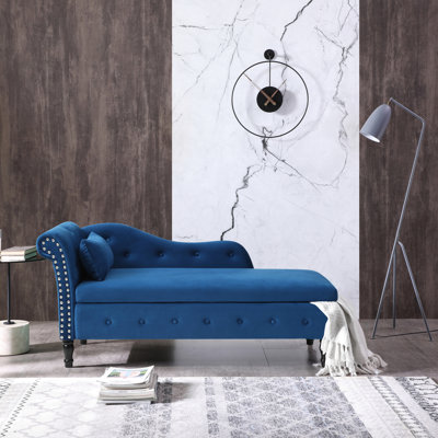 Blue Velvet 2 In 1 Storage Chaise Lounge With Solid Wood Legs, Button Tufting And A Classic Design 60" Bedroom Storage, Tufting, Nailhead Trim Pillow - Comfy
