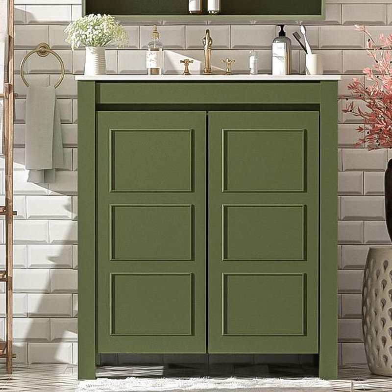 Meuble-lavabo de ferme 30 po avec lavabo en céramique, porte à fermeture en douceur, tablette réglable, armoire de rangement vert olive, structure en bois moderne, conception spacieuse et surface facile à nettoyer