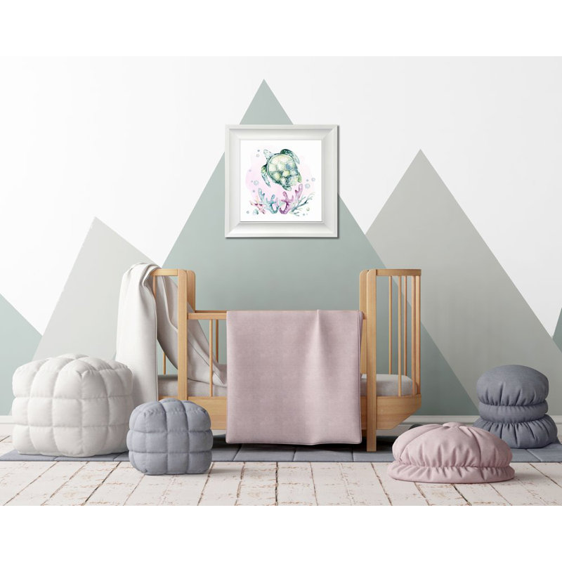 Tortue2, art mural sur toile, Cadre d'angle fermé blanc, H 17,5 po x l 17,5 po